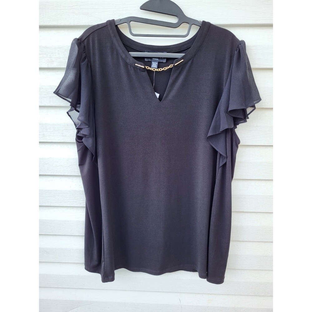 Premise Woman Black Flutter Sleeve Blouse 2X NWT Gold Chain Neck Keyhole Top